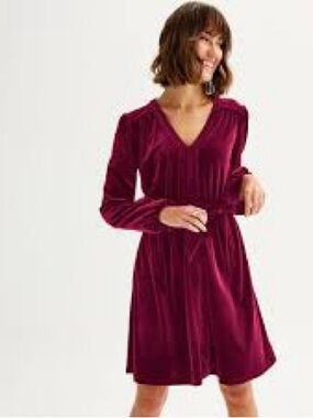 Draper James Burgundy Velvet V-Neck Long-Sleeve Dress